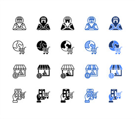 Retailer, Global market, Merchant, Virtual multiple style icon set.