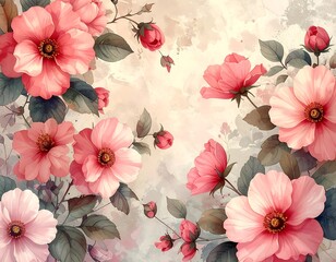 Watercolor painting of delicate, pink flowers and foliage against a soft background