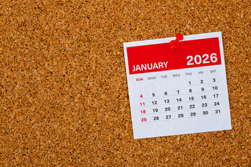 January 2026 Calendar Page Pinned on Cork Board