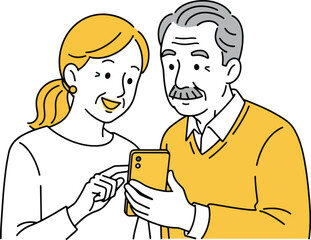 Elderly couple using smartphone together smiling and interacting with a mobile application on