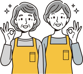 Two Senior Women Wearing Aprons Giving OK Sign with Sparkles on White Background elderly women