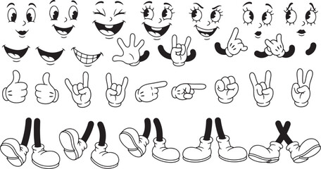 Vintage Cartoon Faces Hands and Legs with Various Expressions and Poses retro character