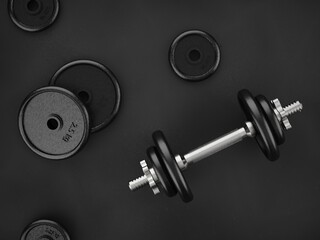 Dumbbell with Weight Plates on Dark Floor, Top View