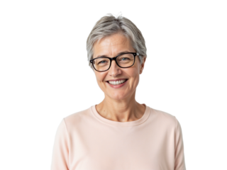 Older woman with glasses smiles warmly against a clear background during a bright day indoors
