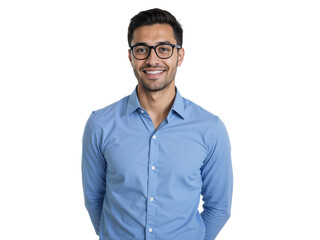 Young man smiling confidently in blue shirt against plain background during a studio shoot