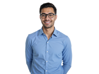 Young man smiling confidently in blue shirt against plain background during a studio shoot