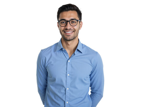 Young man smiling confidently in blue shirt against plain background during a studio shoot