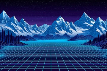 Synthwave Landscape with Mountains and Grid Retro Futuristic Style.