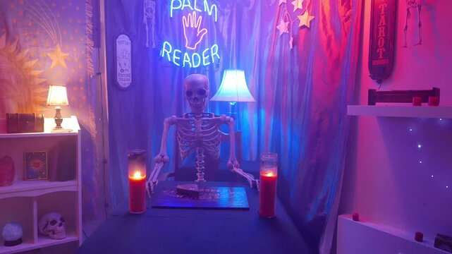 The interior of a psychic palm reader gypsy practice room, with a skeleton seated in front of a Ouija board. With neon lights, candles and various spiritual materials. Slider shot moving forward.