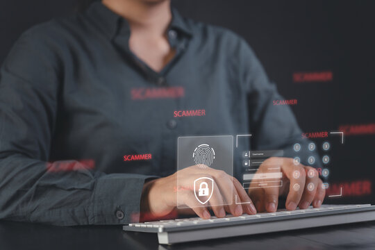 Hands typing on keyboard with holographic login and fingerprint, anti scam cybersecurity, identity verification and access protection