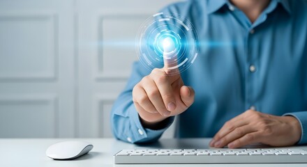 A man s hand touching a glowing digital light bulb representing innovation and ideas