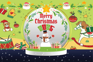 Merry Christmas 2025 Banner Vector Design | Festive Holiday Greeting with Snowman and Gifts