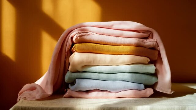 A beautifully arranged stack of colorful linen fabrics in soft pastel shades, with a delicate pink cloth draping over the top, illuminated by warm sunlight in a cozy indoor setting