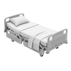 Adjustable hospital bed with white linens isolated on transparent background