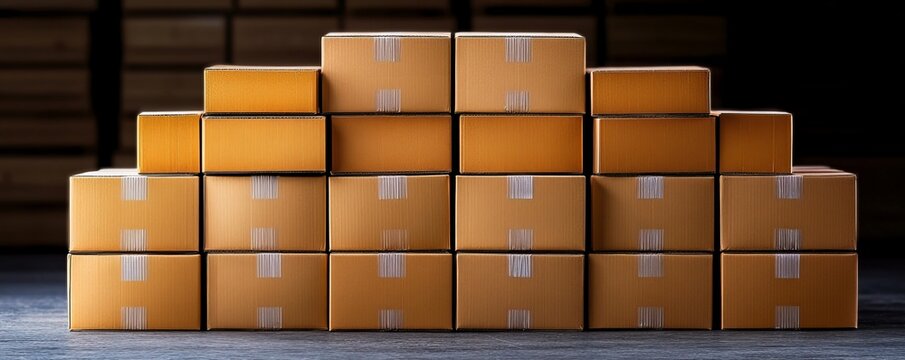 Neatly stacked cardboard boxes create a dynamic pyramid structure, suggesting logistics, inventory, and shipping success in a professional setting.