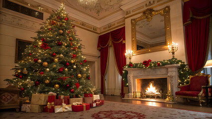 Modern luxurious living room : large glowing decorated christmas tree, wreath, gifts, fireplace, elegant decor - traditional Christmas New Year party event, festive holiday celebration at warm home