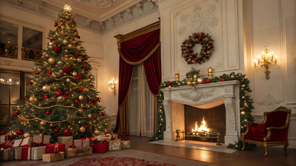 Fototapeta premium Modern luxurious living room : large glowing decorated christmas tree, wreath, gifts, fireplace, elegant decor - traditional Christmas New Year party event, festive holiday celebration at warm home
