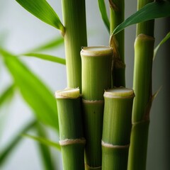Obraz premium Vibrant green bamboo stalks with soft focus leaves create a serene natural backdrop for wellness and tranquility themes