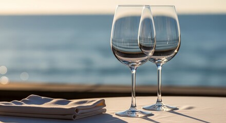 Obraz premium Empty Wine Glasses on Table by the Beach — Golden Hour Restaurant