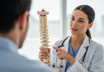 Female Doctor Explaining Human Spine Model to Patient — Chiropractic Consultation