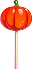 Cartoon Halloween sweet lollipop candy shaped like a pumpkin with a green stem on a white stick. Holiday dessert for kids, sweet spooky treat for trick or treat. Vector orange lollipop candy