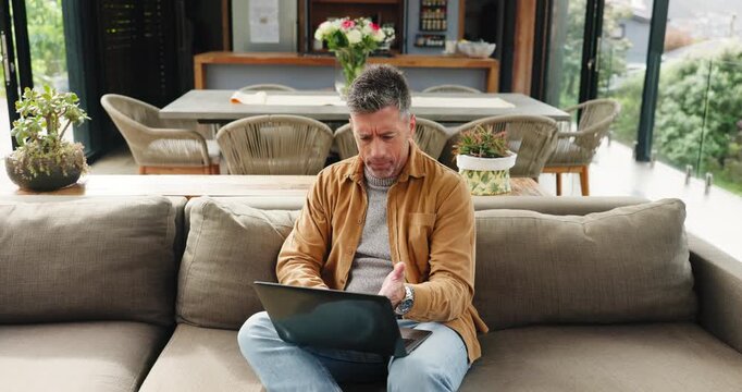 Thinking, remote work and confused man with laptop, article error and problem solving in home. Computer, freelancer and mature journalist with mistake for story, planning or reading news with glitch