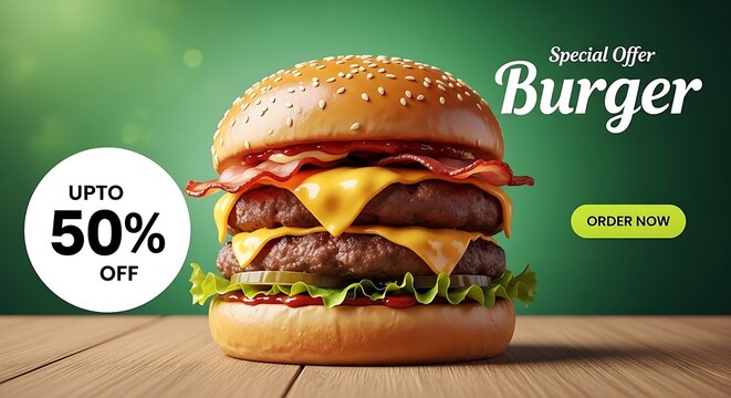 Delicious double patty burger with bacon and cheese for special offer