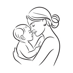 Mother and Baby Line Art – Minimalist Drawing of Loving Mom Holding Child