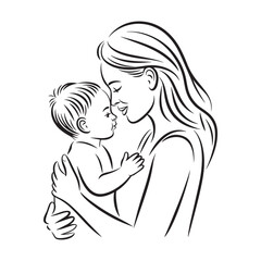 Mother and Baby Line Art Illustration – Loving Mom Holding Child Sketch on White Background