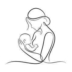 Mother and Baby Line Drawing — Minimalist Mom with Newborn Vector Illustration
