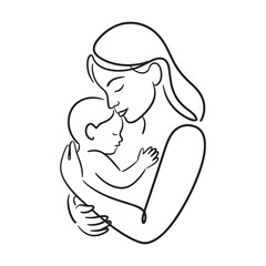 Mother Holding Baby Line Art — Loving Mom and Child Minimalist Illustration