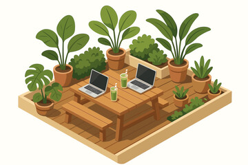 Cozy outdoor workspace with laptops and refreshments among lush green plants