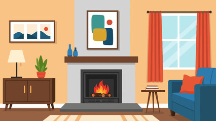 Cozy living room interior with a burning fireplace, blue armchair, and modern wall art.