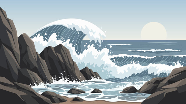 Coastal scene featuring large waves crashing against dark, jagged rocks under a bright sun.
