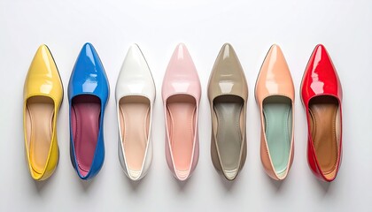 Collection of Seven Glossy Stiletto Heel Shoes Arranged in a Row on a White Background Showing Rainbow Colors and Different Shades