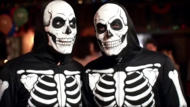 Two people in skeleton costumes smiling directly at the camera