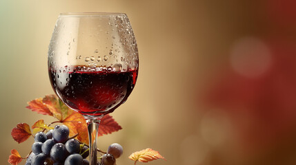 Celebrate the rich new vintage A captivating glass of red wine, fresh grapes, and autumn leaves, embodying the festive spirit of the Yamanashi Nouveau Festival, Japan, and bountiful harvest