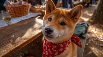 Adorable Shiba Inu with a festive bandana at the Yamanashi Nouveau Festival, Japan, enjoying the atmosphere of the event, ready for celebrations with locals and tourists