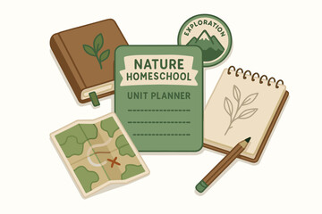 Nature homeschool unit planner with map, journal, and exploration badge illustration