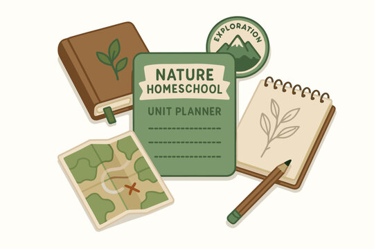 Nature homeschool unit planner with map, journal, and exploration badge illustration