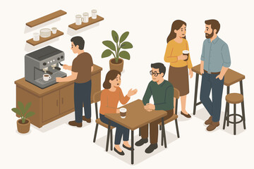 Fototapeta premium Young caucasian adults socializing in a relaxed coffee shop setting