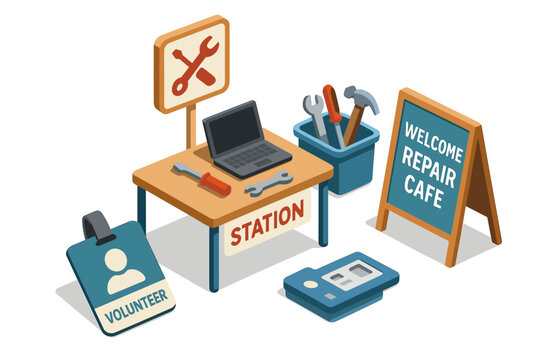 Repair cafe concept with tools and laptop on table in volunteer station