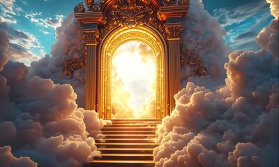 A Magnificent Stairway to Heaven with Golden Gates, Surrounded by Bright Clouds and Sunlight - Powered by Adobe