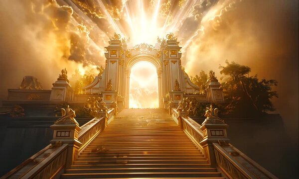 Heavenly Stairway with Golden Gate Shining and Surrounded by Clouds in the Sky. Divine Journey Concept. Christian Religion