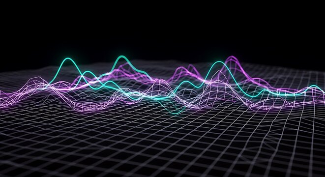 ネオンカラーの抽象的な波形とグリッド背景