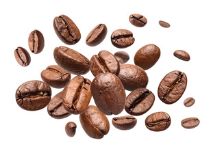 Fallende Kaffeebohnen – isoliert auf weißem Hintergrund, freigestelltes Lebensmittelbild	
