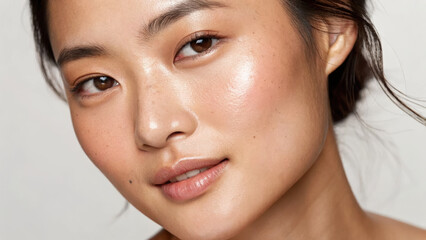 Fototapeta premium Skincare cosmetics flawless skin radiant glowing complexion natural beauty closeup portrait young adult Asian woman serene