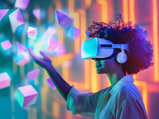 Immersive journey into the a metaverse as a woman with a VR headset interacts with glowing abstract shapes