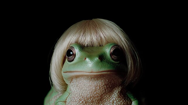 A humorous image of a green frog styled with a blonde wig, set against a dark background for dramatic effect.