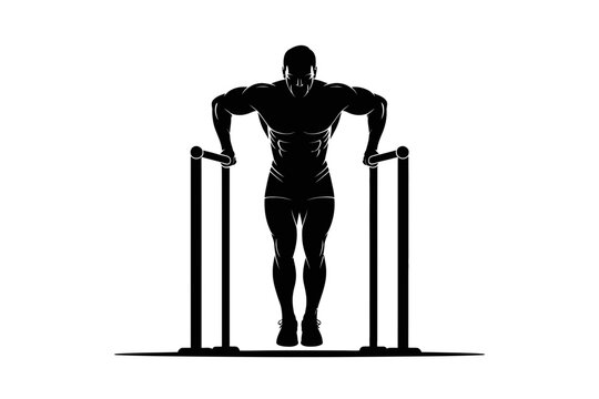 A muscular silhouetted figure performs dips on parallel bars in a gym.